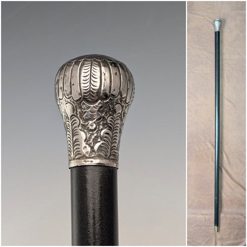 Circa 1900 Antique Black Shaft Sterling Silver Rondelle Handle Walking Stick 88cm